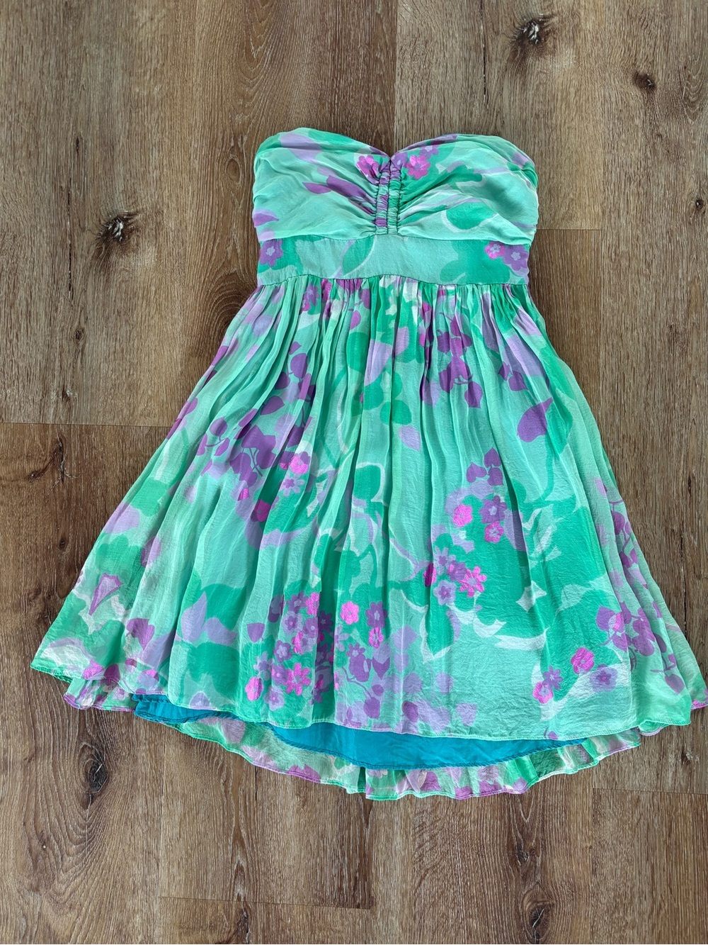 Bracewell Silk Chiffon Strapless Mint Green Floral Mini Dress Size: 2|Vacation
